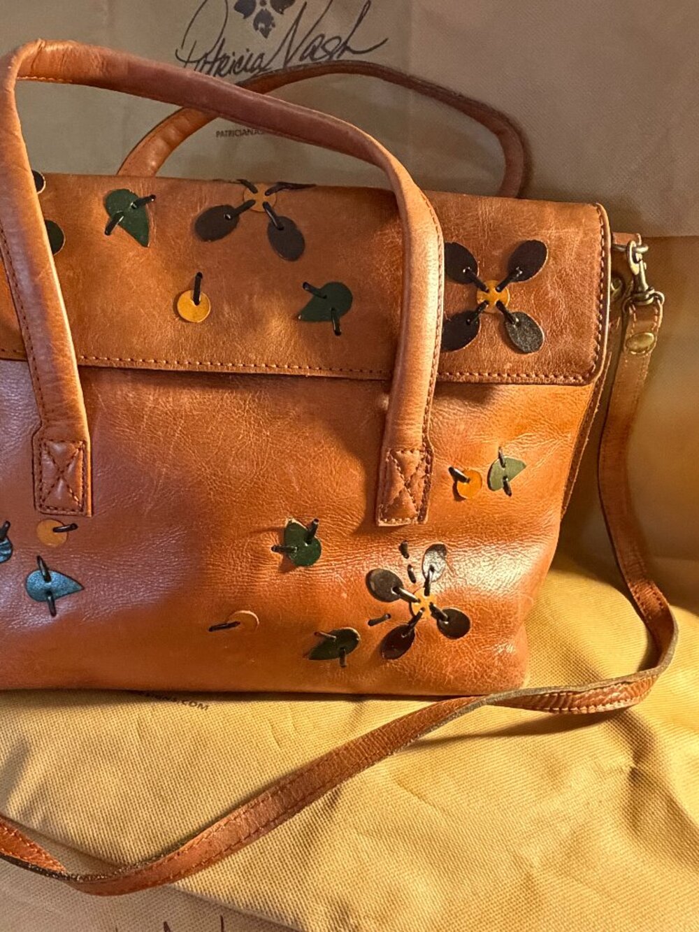 Patricia Nash Dip Dye Granada ASTI Satchel Bag Purse Brown Floral Appliqué